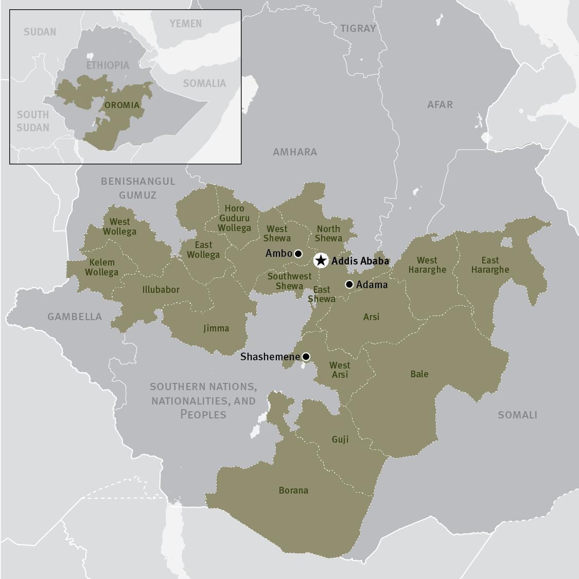 แผนที่ของ oromia เขตพื้นที่อยู่ในเอธิโอเปีย